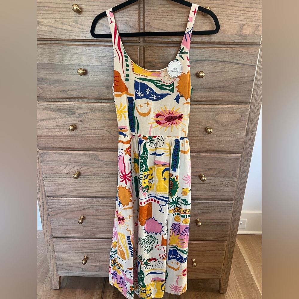 Sincerely Jules Cream Multicolor Abstract Print Summer Tropical Vacay Midi